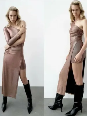 NWT Zara Metallic Bronze One Shoulder Ruched High Slit Asymmetrical Maxi Dress S thumbnail 2