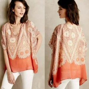 Maeve Anthropologie Nalina 100% Silk Blouse Large Orange Paisley Boho Kimono Top thumbnail 2