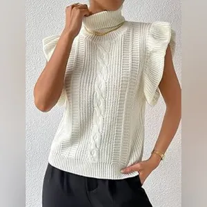 Elegant Off-White/Ivory Cable Knit Ruffle Sleeve Turtleneck Sweater thumbnail 16