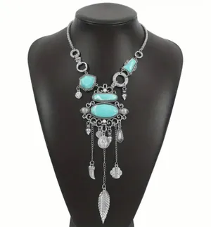 Boho Turquoise Necklace Pendant with Tassel Metal Feather thumbnail 1