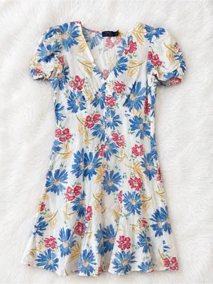 Polo Ralph Lauren 100% Linen Floral Puff Sleeve Midi Dress Women's Size 14 thumbnail 1