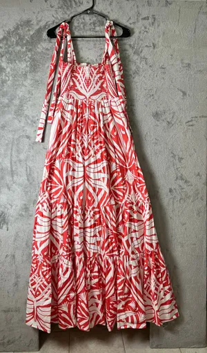 Sheridan French Coral White Tropical Print Tie Shoulder Maxi Dress Resort Boho M thumbnail 1