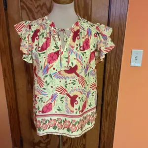 Rachel Roy Boho Parrot Print Flutter Sleeve Blouse Small Colorful Bohemian Top thumbnail 6