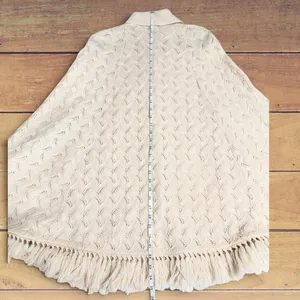 VTG 70's Cuddle Knit Cream Pointelle Button Front Cape Fringe Poncho Cottagecore thumbnail 3