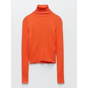 NWT!! ZARA Ribbed Turtleneck Sweater Bright Orange Fitted Knit Cropped Small thumbnail 12