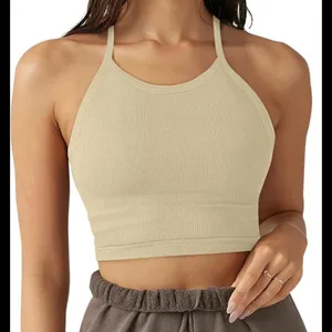 LASLULU Ribbed Halter Crop Tank Top‎ Cream Beige Seamless Workout Athleisure S thumbnail 1