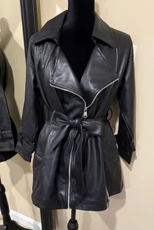 Faux Leather Jacket Pu Leather Coat Trench Parka Fall Coat Motorcycle Jacket Black Size XS thumbnail 1