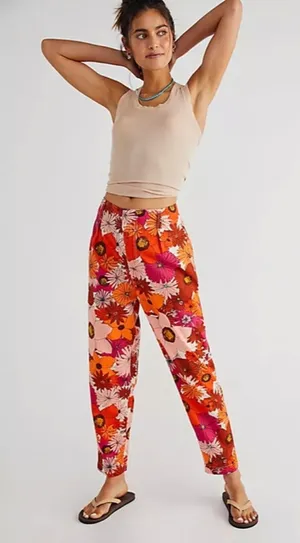Free People Tessa Tapered Trousers Orange Floral Womens Pants Size 0‎ thumbnail 1