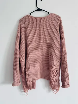 Blush Pink Chunky Knit Fringe Cardigan Oversized Boho Cozy Sweater thumbnail 4