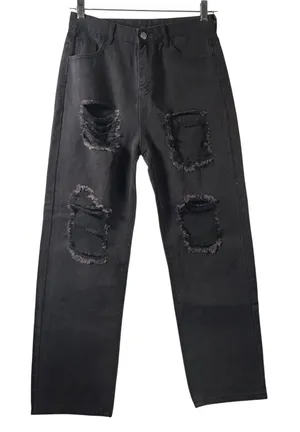 Black Distressed‎ Ripped Jeans Women's Size S Wide Leg Baggy Denim Pants thumbnail 1