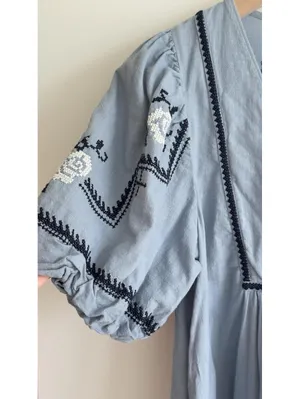Madewell Embroidered Foldover V-Neck Mini Dress Terrace Blue Cotton Puff Sleeve thumbnail 6