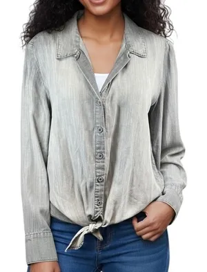 Cloth‎ & Stone Womens Gray Tencel Lyocell Tie-Front Long Sleeve Shirt thumbnail 1
