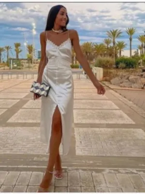 Zara White Satin Lace-Trim Slip Dress thumbnail 4
