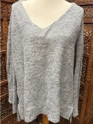 FREE PEOPLE S ALPACA BLEND KNIT OVERSIZED V-NECK BOHO SWEATER‎ GREY Bell Sleeve thumbnail 1
