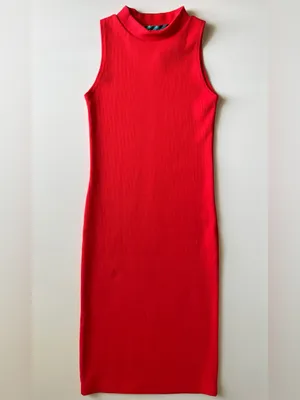 Red Ribbed Bodycon Mini Dress XS Sleeveless Mock Neck Stretch Fitted Chic thumbnail 3