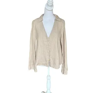 ZARA Linen Blouse Flared Bell Sleeves Button Up V Neck Beige Womens Small thumbnail 2