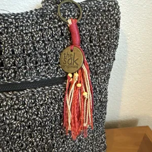 The Sak Lanie Market Tote Purse Crocheted Shoulder Bag Black Brown 14"x12" thumbnail 2