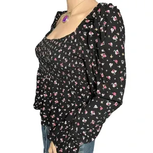 Daisy & Delilah Boho Black Floral Top Smocked Bodice Long Bell Sleeve Women’s M thumbnail 3