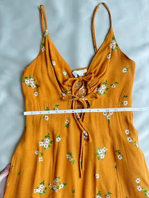 ASTR The Label Mustard Floral Ruched Midi Slip Dress Size S Tie Front Summer thumbnail 12