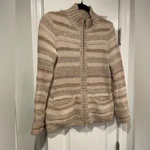L.L. Bean Tan Striped Cotton Mock Neck Full Zip Knit Cardigan Sweater Size S P thumbnail 3