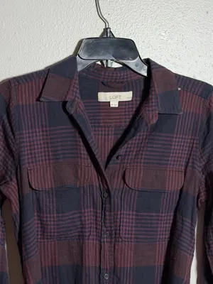 Loft‎ Women Purple/Black Plaid Long Sleeve Button Up Dress Belt size M Petite thumbnail 5