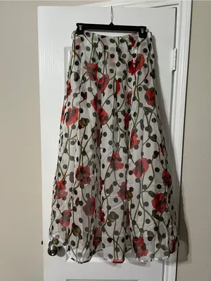 Only White Sheer A-Line Midi Skirt with Red Floral and Black Dots thumbnail 2
