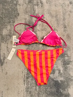 Women's No Boundaries Pink & Orange Striped Triangle Bikini thumbnail 4