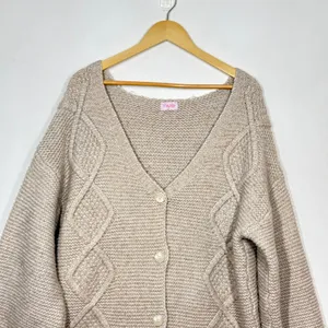 Pink Lily Knit Cardigan Sweater Womens Large‎ Tan V-Neck Drop Shoulder Preppy thumbnail 3