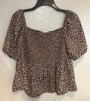 Smocked Square-Neck Brown Floral Peplum Sz L Top Casual Hesperus thumbnail 1