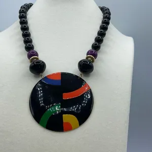 Vintage enamel disk beaded bold abstract necklace. Black thumbnail 4