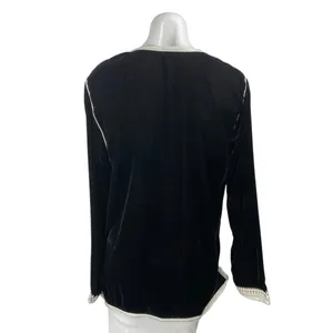 Women's Black Velvet Velour Moroccan Long Sleeve Embroidered Zip Up Blouse Top M thumbnail 2