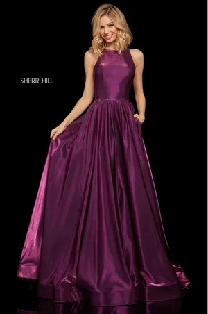 Sherri Hill 52958 Dark Purple Satin Shimmer Ball Gown Open Back Size‎ 4 NWT thumbnail 1