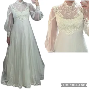 Vintage 1960s Lace Illusion High Neck Bridal Wedding Gown w/ Train XS thumbnail 2