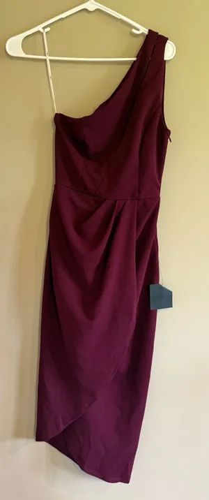 Lulus One Shoulder Midi Dress Burgundy Wine Skirt‎ Cocktail Wedding Guest XS thumbnail 1
