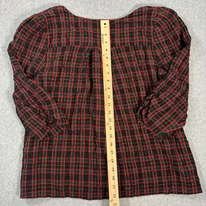 LOFT Shimmer Holiday Plaid Shirred V-Neck Blouse Women's Large 3/4 Sleeve thumbnail 7