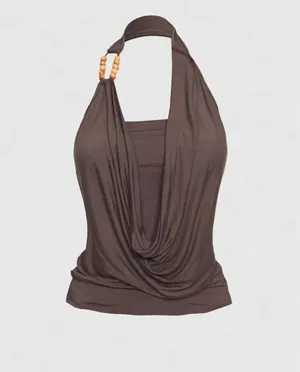 Romwe brown cowl halter top thumbnail 2