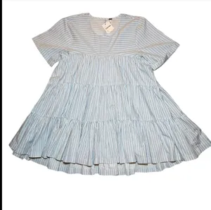 Free People Blue Stripe Babydoll Mini Dress Tiered Short Sleeve Size M NWT thumbnail 2