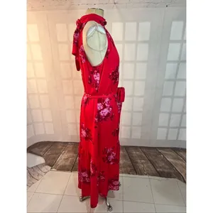 Scoop NWT Red Floral Halter Neck Tie Waist Sleeveless Maxi Dress Size XL thumbnail 5