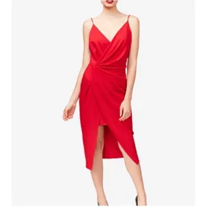 Betsey Johnson Red Faux Wrap Midi Dress Womens 8 V Neck Spaghetti Strap thumbnail 3