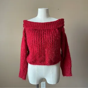 WISHFUL THINKING Red Chenille Eyelash Knit Chunky Off Shoulder Sweater - Sz S/M thumbnail 11