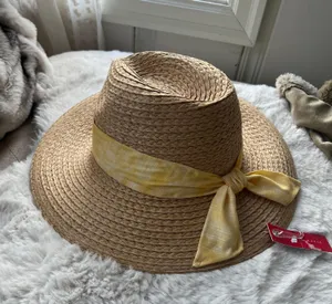 Kelly & Katie Straw Ribbon Panama Hat in Tan & Yellow NEW thumbnail 1