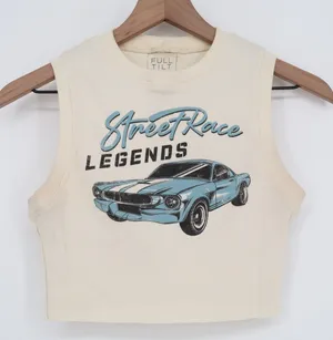 Full Tilt Street Race Legends Graphic Ribbed Crop Tank Top Cream Small thumbnail 1
