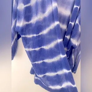 Chico’s Farida Tie Dye Linen Open Mesh Knit Cardigan Womens M Blue Coastal Boho thumbnail 5