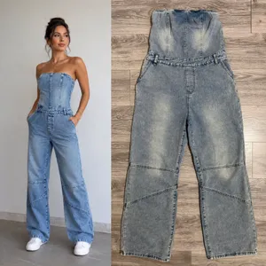 Strapless Wide Leg Denim Jumpsuit Size L‎ Light Wash Blue Seam Detail Y2K Romper thumbnail 2