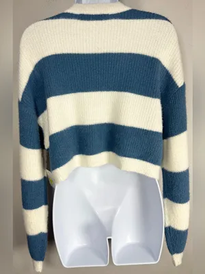 Altar'd State Blue and Cream Striped Button-Front Cropped Cardigan Size Small thumbnail 5