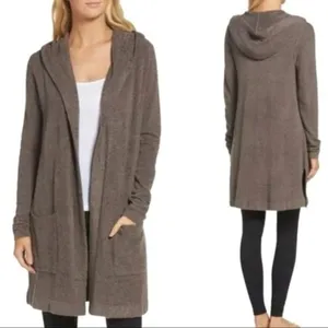 Barefoot Dreams CozyChic Lite Relaxed Hooded Cardigan Open Front Pockets Brown L thumbnail 2