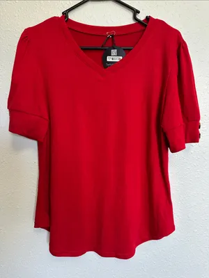 Women's Red V-Neck Short Sleeve Top with button embellishments Size Medium thumbnail 1