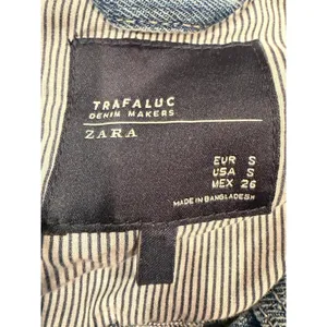 ZARA Trafaluc Cropped Denim Jacket Distressed Raw Hem Blue S 5252/215/400 thumbnail 7