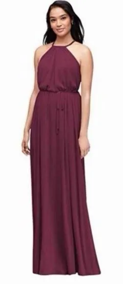 NWT David’s Bridal Soft Mesh Halter Bridesmaid Dress with Slim Sash Wine Maxi 8 thumbnail 1