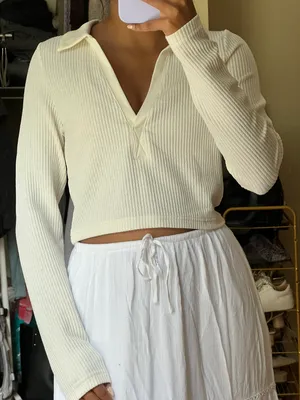 Long Sleeve White Cropped Top thumbnail 1